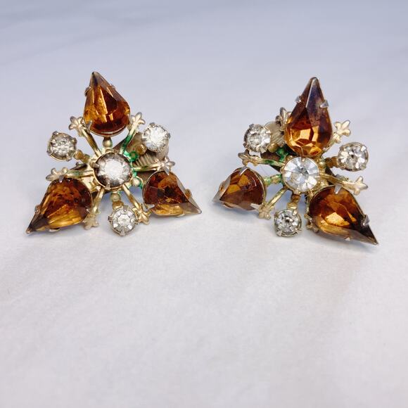 Vintage Amber Rhinestone Clip-On Earrings, Mid Century, Prong Set Teardrop Glass - Picture 2 of 10